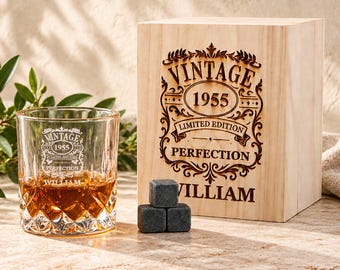 Personalized Whiskey Glass Set with Wooden Box, Custom Engraved Whiskey Birthday Gift, Aged to Perfection ,Birthday Gift for Men
