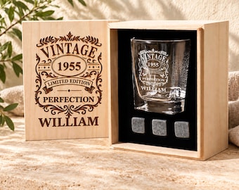 Whiskey glass gift set, personalized whiskey glass, vintage engraved whiskey glass, Groomsman wooden gift box, custom birthday gift for men
