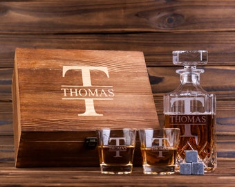 Personalisiertes Whisky-Dekanter-Set - Personalisierte Geschenke für Trauzeugen - Gravierte Whisky-Dekanter-Set mit Holzbox - Trauzeuge Geschenk Papa Geschenk