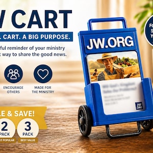 May include: A blue JW Cart with black wheels and a handle. The cart features the text "JW.ORG" and an image of a man. Text on the cart reads "A small cart. A big purpose."