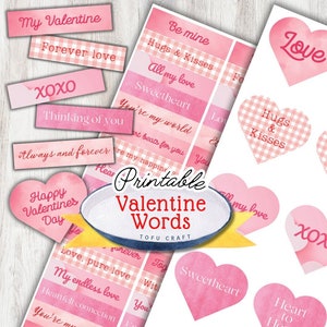 Strisce di parole romantiche di San Valentino Foglio collage stampabile, tagli di San Valentino Fussy Ephemera Valentines adesivo per il download digitale stampabile