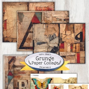 Vintage Grunge Junk Journal Kit – Printable Blank Pages and Pockets, Paper Collage Sheet for Scrapbooking, DIY Junk Journal Supplies