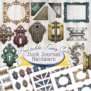 Metal Hardware Pingelige schneidet für Junk Journal und Scrapbook, Printable Scharniere Schlüssellöcher und Bilderrahmen Digital Download Metallverzierungen