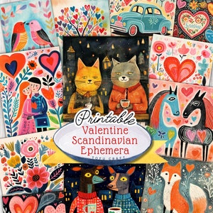 Oltre 100 effimeri di San Valentino scandinavi Effimeri di arte popolare di San Valentino stampabili per il download digitale del Junk Journal Effimeri romantici in stile nordico
