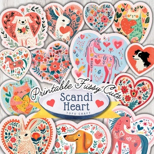 Feuille de collage imprimable coeur Saint-Valentin scandinave, art folklorique de la Saint-Valentin éphémères pour autocollants de téléchargement numérique Junk Journal et coupes difficiles