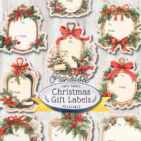 Christmas gift tags printable, Gift label Stickers for Christmas 2023, Digital download Christmas Sticker sheets, Vintage Christmas Ephemera