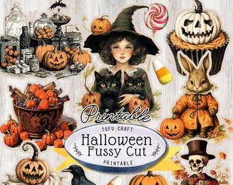 Vintage Halloween Stickers, Printable Fussy Cuts (Digital Download)