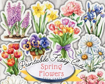 Watercolor Spring Flower Stickers, Vintage Ephemera Collage (Digital Download)