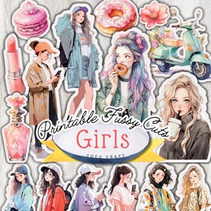Foglio di collage stampabile per ragazze con acquerelli, download digitale, immagini di moda per ragazze, per scrapbooking, diari spazzatura, planner, adesivi e materiale effimero