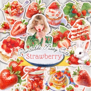 Feuille de collage imprimable coupes difficiles aux fraises, éphémères numériques aux fraises pour les journaux indésirables de l'été, téléchargement immédiat aquarelle aux fraises