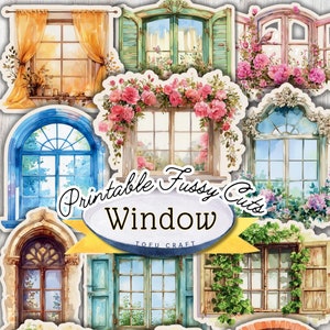 May include: Printable fussy cuts of various windows with floral accents. The windows are in different styles and colors, including blue, green, and brown. The text "Printable Fussy Cuts Window" is in the center of the image.
