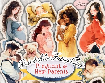 Watercolor Pregnant & Baby Stickers, Family Ephemera (Digital Download)