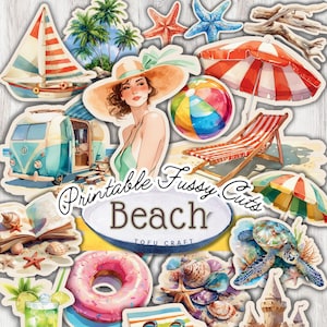 Oceaan en strand kieskeurig gesneden ephemera, afdrukbare stickervellen voor scrapbooking, tijdschriften, zomervakantie Craft, digitale download collagekunst