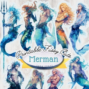 Imprimable aquarelle sirène éphémère sirène coupes tritons pour Junk Journal sirène mâle téléchargement numérique sticker créature marine scrapbooking
