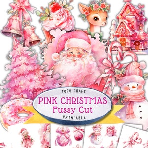PINK Christmas Printable collage sheet, Christmas Ephemera for Junk Journal and art collage, digital download sticker Printable Fussy cuts