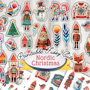 Feuille d'autocollants imprimable de Noël nordique, coupe difficile de Noël scandinave, feuille d'autocollants de téléchargement numérique pour l'art populaire de Noël imprimables