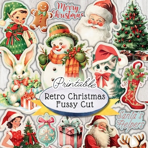 Retro Christmas Printable collage sheet Christmas Ephemera for Junk Journal Digital download stickers and Christmas Printable Fussy cuts