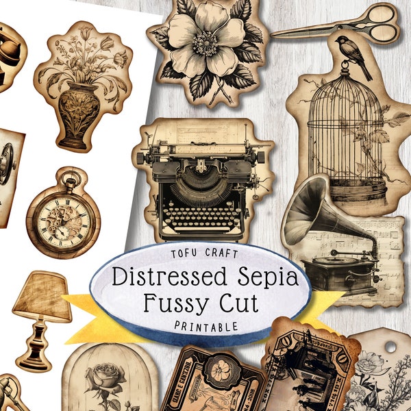 Distressed look ephemera for Junk Journals, Sepia and Ivory Antique Stickers, Printable grunge elements, Vintage scraps for scrapbooking