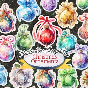 Watercolor Christmas Ornaments Fussy cuts for Junk Journal Christmas Printable collage sheet digital download Christmas Sublimation Stickers