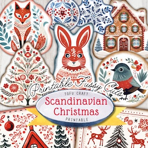 Hoja de collage imprimible de Navidad escandinava / Efímeras navideñas nórdicas para diario basura / Pegatinas de descarga digital para manualidades navideñas