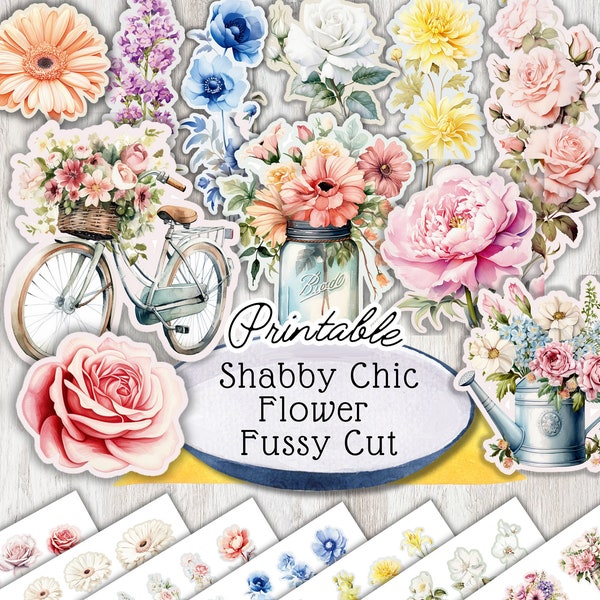 Shabby Chic watercolor Flowers sticker collage sheets Vintage Ephemera for Junk Journal Retro flowers fussy cuts Printable digital download