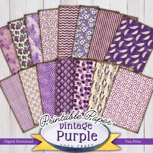 Vintage stijl paars thema ongewenste tijdschriftpagina's, digitale download afdrukbare papieren voor scrapbooking en art journal, afdrukbaar collageblad