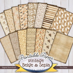 Vintage stijl beige en sepia thema ongewenste dagboekpagina's, digitale download afdrukbare papieren voor scrapbooking, afdrukbare kunstcollagebladen