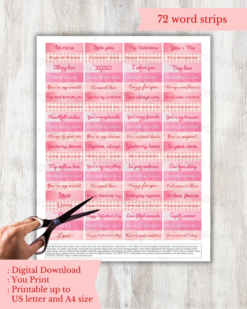 Romantic Valentines Words Strips Printable Collage Sheet, Valentine ...