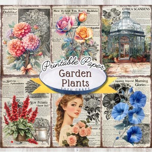 Garden Plants Junk Journal Pages, Printable Vintage Flower Garden Papers, Art Journal Scrapbooking, Digital Download Flower Collage Sheets