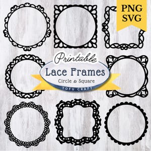Op de afbeelding: Een verzameling zwarte kanten frames in cirkel- en vierkantvormen. De afbeelding bevat de tekst "Printable Lace Frames Circle & Square" en "PNG SVG" op een gele banner.
