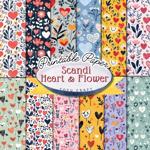 Patroonpapier in Scandinavische stijl, hart- en bloemenpatroonpapier, afdrukbare collagevellen voor plakboekkunst en junkjournal Benodigdheden Digitale download