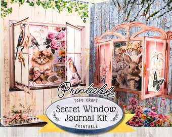 May include: Printable Secret Window Journal Kit with a pink and white window frame with a bunny rabbit peeking out and a blue and white window frame with a cat peeking out. The kit includes a variety of images and embellishments to create a unique journal.