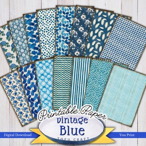 Vintage stijl blauw thema ongewenste dagboekpagina's, digitale download afdrukbare papieren voor scrapbooking en art journal, afdrukbaar collageblad