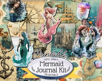 May include: Printable mermaid journal kit with a variety of images including mermaids, a ship, a castle, a compass, and a jellyfish. The kit is perfect for scrapbooking, card making, and other paper crafts.