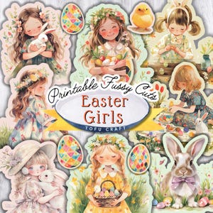 Cute Easter girl Fussy cuts for junk journal, Watercolor Easter collage sheets Digital download Printable Easter Ephemera for Sticker sheets