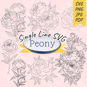 Flor de peônia de linha única SVG, desenho floral para Cricut, arte de linha SVG para plotter de pena e caneta, download digital de clipart floral de peônia