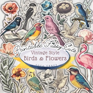 Vogels en bloemen kieskeurige sneden voor ongewenste tijdschriften Scrapbooking Lijm boek kunst collage en stickers, afdrukbare digitale download vogels kortstondige