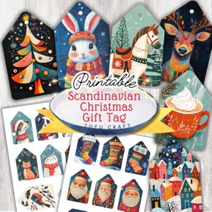 Etichette regalo di Natale scandinave, etichette regalo di Natale nordiche, etichette regalo di arte popolare, download digitale, etichette regalo per regali di Natale, confezioni regalo