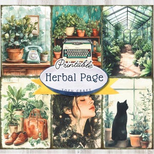 Páginas de diário de ervas, papéis de diário de arte de plantas de casa botânicas e suculentas para impressão, folhas de colagem para download digital de scrapbooking