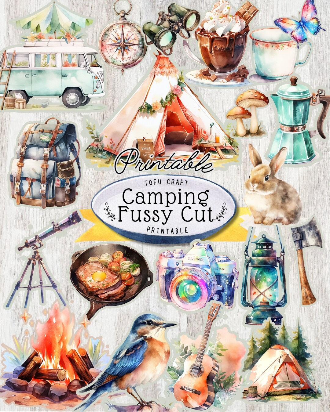 Printable Camping Fussy cuts Sheet for Junk Journal, Scrapbook supplies Camping Stickers Printable Outdoors Stickers Adventure Ephemera