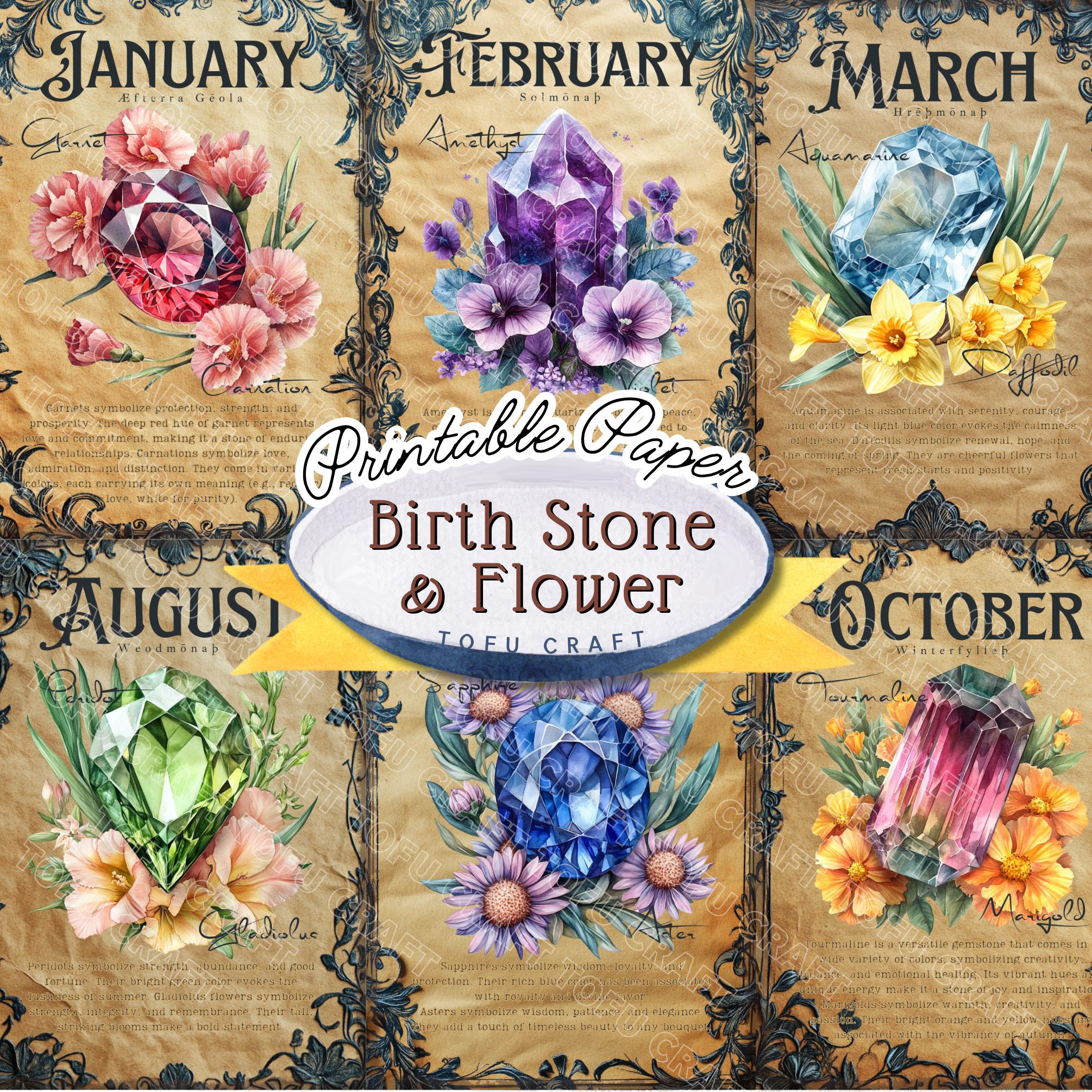 Birth Stones and Flowers Junk Journal Pages, Printable Birth