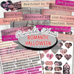 Étiquettes et bandes de mots d'Halloween romantiques imprimables pour embellissement gothique de journal indésirable d'Halloween, décoration d'Halloween rose pour le scrapbooking