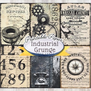 Könnte beinhalten: Ein digitales Collage-Blatt mit Grunge-Ästhetik, das Vintage-Karten, Zahlen, Zahnräder, ein Drehwahltelefon und Musiknoten zeigt. Der Text "Printable Paper Industrial Grunge Tofu Craft" befindet sich in der Mitte des Bildes.