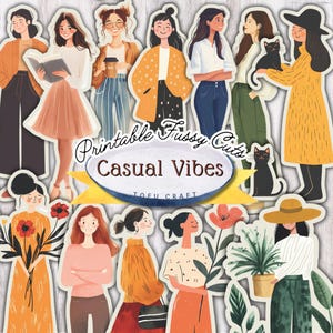 Casual Vibes Cozy Girl Illustration Printable Sticker sheets for Junk Journal Scrapbook, Printable Digital Download Abstract Girl Fussy Cuts