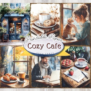 Gezellige Cafe Junk Journal Papers, afdrukbare coffeeshop kortstondige, aquarel plakboekpagina's, digitale download voor Art Journal en kunstcollage