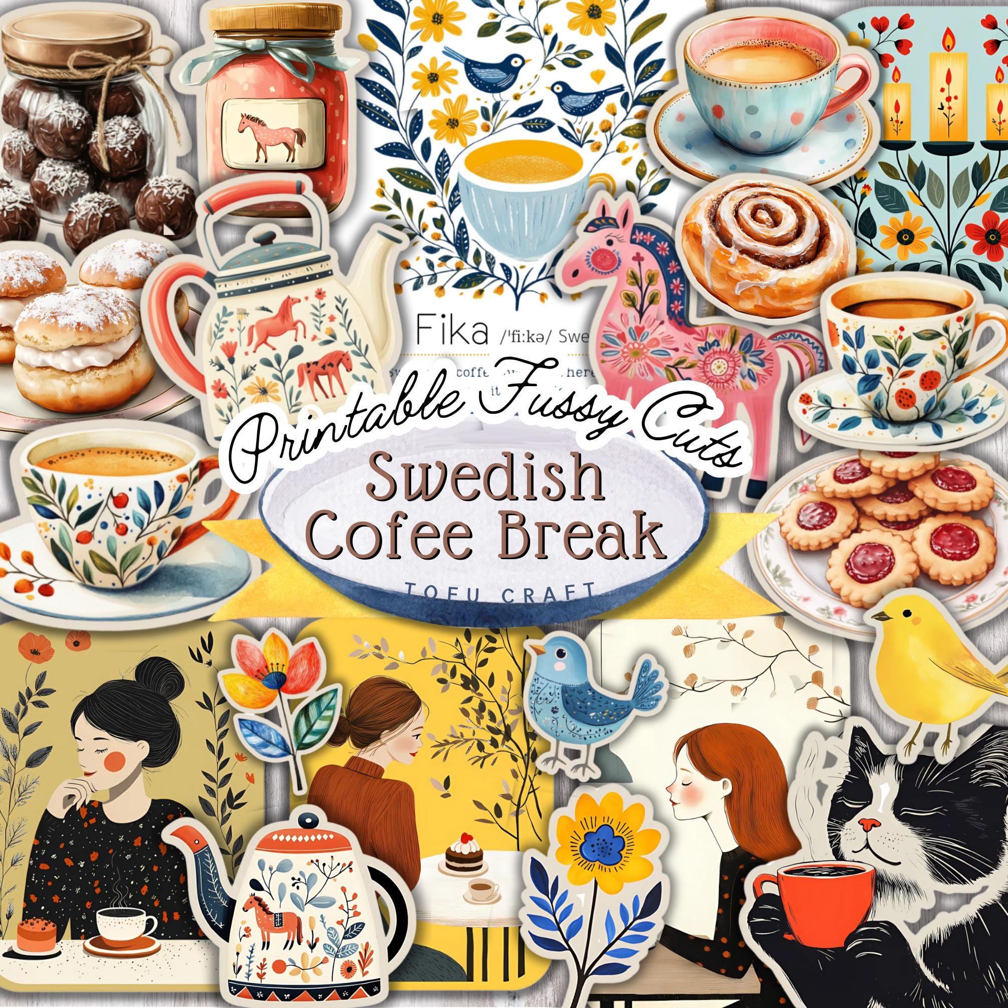 FIKA Swedish Coffee break Printable Fussy cut Collage Sheet | Scandinavian Style Ephemera for Junk and art Journal Digital Download Stickers