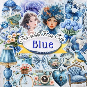 Blaue thematische Fussy schneidet Collagesheet, blaues Ephemera Pack für Junk Journal und Art Collage, druckbare digitale Scrapbooking-Verzierungen