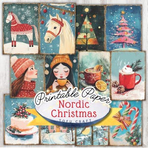 Pagine di Junk Journal di Natale scandinavo, carte collage di Natale nordico stampabili per Junk Journal, Scrapbooking, carte digitali scaricabili