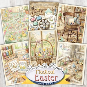 May include: A collection of watercolor Easter-themed printable paper designs. The images feature bunnies, chicks, decorated eggs, and floral elements. Text includes "Easter Creations," "Happy Easter," and "Magical Easter."
