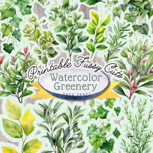 Puede incluir: Recortes de vegetación acuarela imprimibles para manualidades. La imagen muestra una variedad de hojas y ramas verdes, incluyendo hiedra, romero y hojas de laurel.